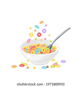 Bowl of colored cereal with spoon. Healthy breakfast. Vector illustration cartoon flat icon isolated on white background.