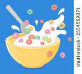 Bowl of colorful breakfast cereal, a spoon and milk spilling on the table. Cereal ring cornflakes and milk splashes in blue background. Vector illustration