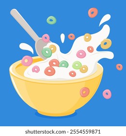 Bowl of colorful breakfast cereal, a spoon and milk spilling on the table. Cereal ring cornflakes and milk splashes in blue background. Vector illustration