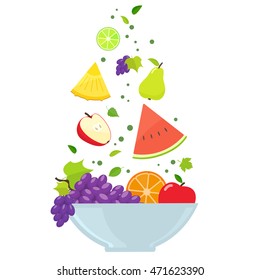 Bowl with colorful fruits isolated on white background. Vector stock illustration.