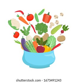 Bowl with colorful vegetables. Healthy eating concept. Vector illustration.