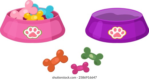 Bowl with colorfull bones for dogs, and bowl for cats pet. Web site page and mobile app design. Vector illustration in a flat trendy style