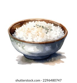 A bowl of cooked rice in watercolor