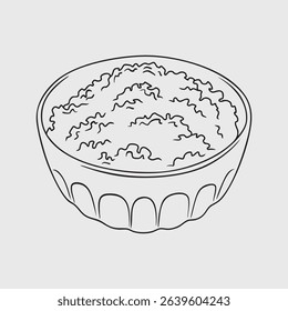 Bowl of Cooked White Rice. Thin Line Illustration.