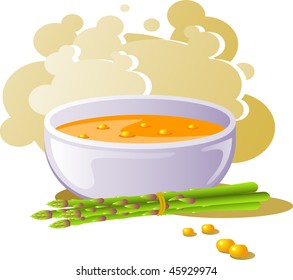 A bowl of corn soup with asparagus.
