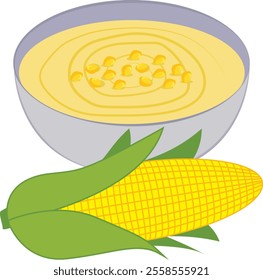 bowl with corn soup and fresh corn.