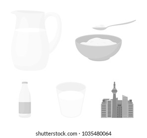 Bowl of cottage cheese, a glass, a bottle of kefir, a jug. Moloko set collection icons in monochrome style vector symbol stock illustration web.
