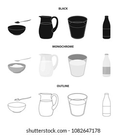 Bowl of cottage cheese, a glass, a bottle of kefir, a jug. Moloko set collection icons in black,monochrome,outline style vector symbol stock illustration web.
