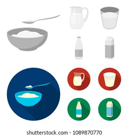 Bowl of cottage cheese, a glass, a bottle of kefir, a jug. Moloko set collection icons in monochrome,flat style vector symbol stock illustration web.