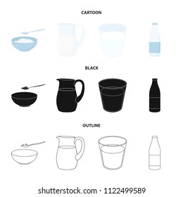 Bowl of cottage cheese, a glass, a bottle of kefir, a jug. Moloko set collection icons in cartoon,black,outline style vector symbol stock illustration web.