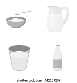 Bowl of cottage cheese, a glass, a bottle of kefir, a jug. Moloko set collection icons in monochrome style vector symbol stock illustration web.
