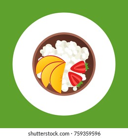 Bowl Of Cottage Cheese With Sliced Fruits. Flat Vector Icon On Green Background.