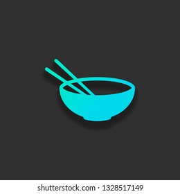 Bowl and couple of chopsticks. Asian icon. Colorful logo concept with soft shadow on dark background. Icon color of azure ocean
