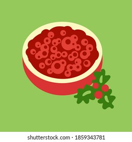 bowl with cranberry sauce, traditional Christmas food vector Illustration on a green background, icon in flat style isolated, eps10. Cartoon farm harvest festival cute image