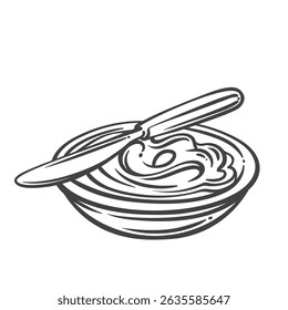 Tigela de queijo cremoso espalhado com uma faca, desenhado em estilo de doodle desenhado à mão. Ilustração vetorial para marca de produtos láteos, embalagem ou decoração de menu.
