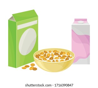 Bowl of Crispy Cereal or Muesli with Carton of Milk Rested Nearby Vector Composition