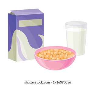 Bowl of Crispy Cereal or Muesli with Glass of Milk Rested Nearby Vector Composition
