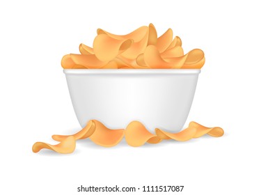 Bowl of Crispy Potato Chips Collection Randomly Lying on a White Table Background, Isolated, Fast Food Concept, Realistic Hand Drawn Vector 3D Illustration