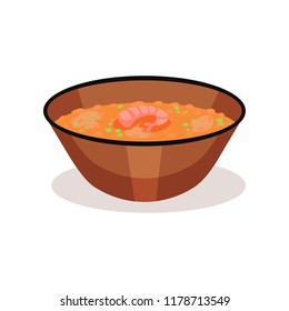 Bowl of curry soup with shrimp. Delicious Asian dish. Food theme. Flat vector element for promo poster or banner