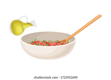 Bowl with Cut Vegetables and Herbs as Ingredient for Bruschetta Preparation Vector Illustration