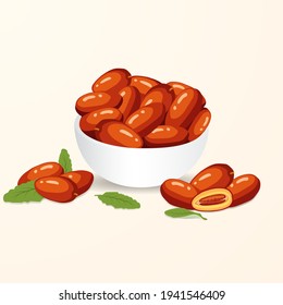 A bowl of dates for iftar in ramadan. Dates illustration vector isolated background