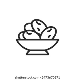 Bowl of Dates, linear style icon. bowl filled with dates. Editable stroke width