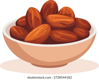 A bowl of dates on a plain white background, with a subtle shadow underneath, in a flat, graphic illustration style.