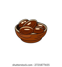 Tigela de datas. Simples, ilustração limpa de tâmaras doces, marrons em uma tigela rústica. Lanche saudável, sobremesa ou ingrediente. Ilustração de comida. com detalhes intrincados e alto apelo visual.