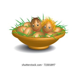Bowl with decorated eggs and grass.