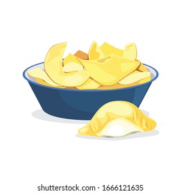 A bowl of deep fried durian and fresh durian.