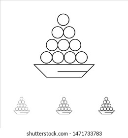 Bowl, Delicacy, Dessert, Indian, Laddu, Sweet, Treat Bold and thin black line icon set