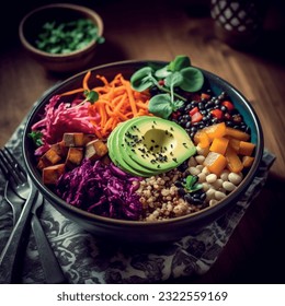 Bowl with delicious fresh food avocado beans cabbage broccoli salad and herbs pattern realistic vector graphics 3d for restaurant and menu food photography