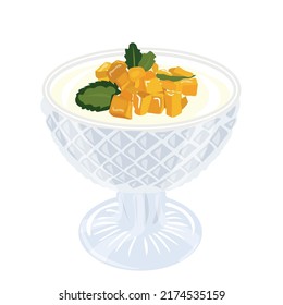 Bowl with delicious fruit panna cotta on white background