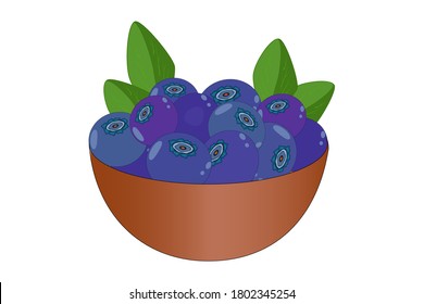 Bowl of delicious juicy blueberry isolated on white background. Big pile of fresh blue blueberry in the brown bowl. Kitchenware design element. Full plate of beautiful juicy black berries.Stock vector