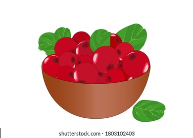 Bowl Of Delicious Juicy Lingonberries Isolated On White Background. Big Pile Of Fresh Red Lingonberry In The Brown Bowl. Kitchenware Design Element. Full Bowl Of Beautiful Juicy Berries. Stock Vector