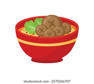 A Bowl of Delicious Meatball with Noodle Food Cuisine with Lettuce Leaf Vector Illustration Isolated on Transparent Background