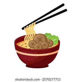 A Bowl of Delicious Meatball with Noodle Food Cuisine with Lettuce Leaf  and Chopstick Vector Illustration Isolated on Transparent Background