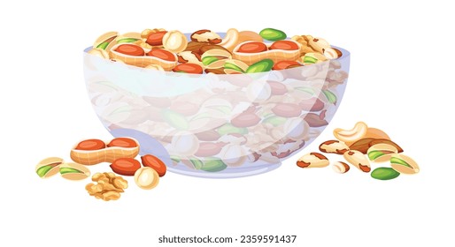 A bowl of delicious nuts in a cartoon style. Vector illustration of a transparent bowl with different nuts: pistachios, cashews, peanuts, brazilian, macadamia, walnuts isolated on white background.