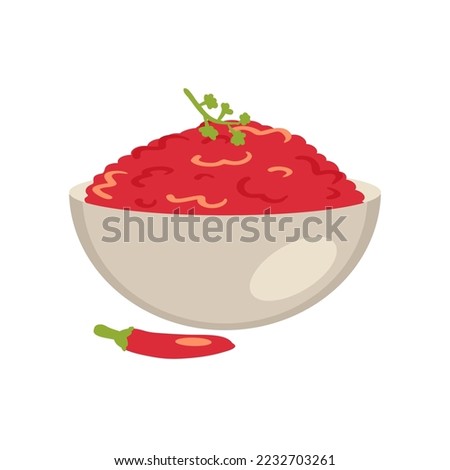 Bowl with delicious salsa mexican spicy sauce in flat style. Perfect for tee, stickers, menu and logotype. Isolated vector illustration for decor and design. 



