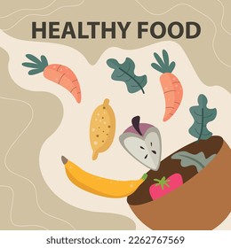 Bowl with delicious vegan salad with carrots, bananas, oranges, strawberries. vector top view illustration in card style. Healthy diet, vegetarian food. Healthy food poster, banner design template.