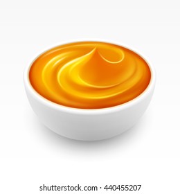 Bowl of dense Amber Honey Close up Isolated on White Background