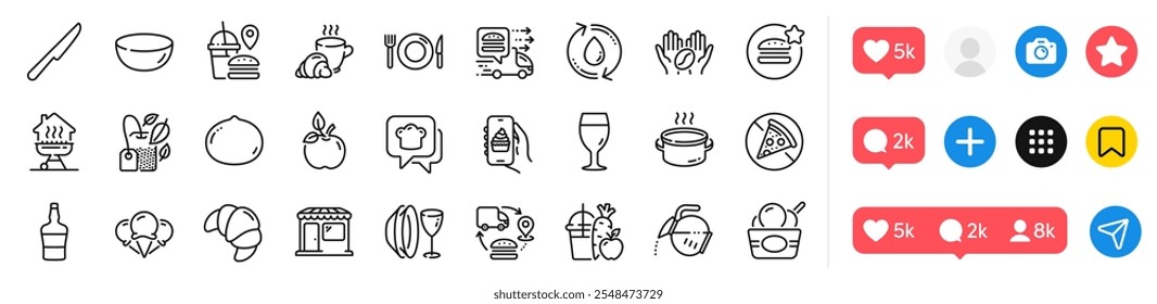 Schüssel, Saft und Tafel Messer Linie Icons Pack. Symbole sozialer Medien. Fast Food, Geschirrteller, Best Food Web-Ikone. Markt, Nachfüllwasser, Macadamia Nuss Piktogramm. Vektorgrafik