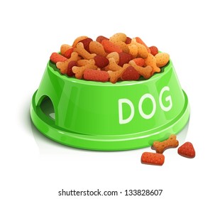 bowl with dog feed  vector illustration isolated on white background EPS10. Transparent objects and opacity masks used for shadows and lights drawing