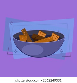 Bowl with dried bread pieces. Beer snack, appetizer, crouton. Alcohol concept. Vector illustration can be used for topics like drinks, food, meal