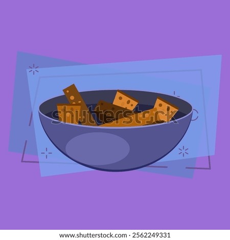 Bowl with dried bread pieces. Beer snack, appetizer, crouton. Alcohol concept. Vector illustration can be used for topics like drinks, food, meal