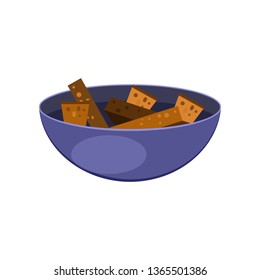 Bowl with dried bread pieces flat icon. Beer snack, appetizer, crouton. Alcohol concept. Vector illustration can be used for topics like drinks, food, meal