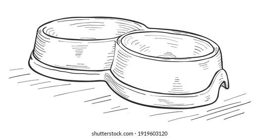 Bowl and drinker for pets, for cats. Dishes for animals, feeder. Hand-drawn sketch. Care for home animals. Stock vector illustration isolated on white background