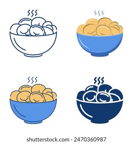 Bowl with dumplings icon set in flat and line style. National Russian food pelmeni. Vector illustration.