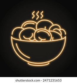 Bowl with dumplings neon icon. National Russian food pelmeni. Vector illustration.