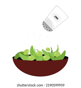 Bowl Of Edamame, Green Soy Beans With Salt. Popular Asian Edamame Snack Concept Vector Illustration.
